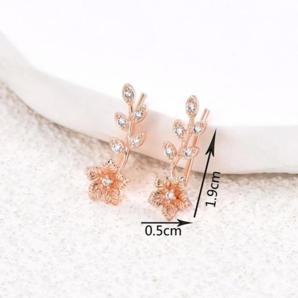 Cubic Zirconia Flower Ear Climbers Stud Earrings Rose Gold - Picture 6 of 8